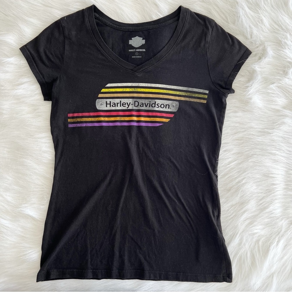 Harley-Davidson Black Tee with Yellow, Pink & Purple Stripes